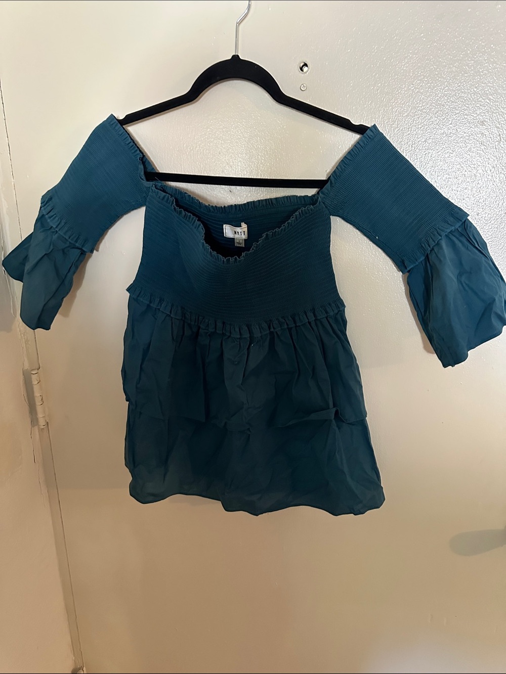 NYTT Teal Off-Shoulder Smocked Peasant Blouse